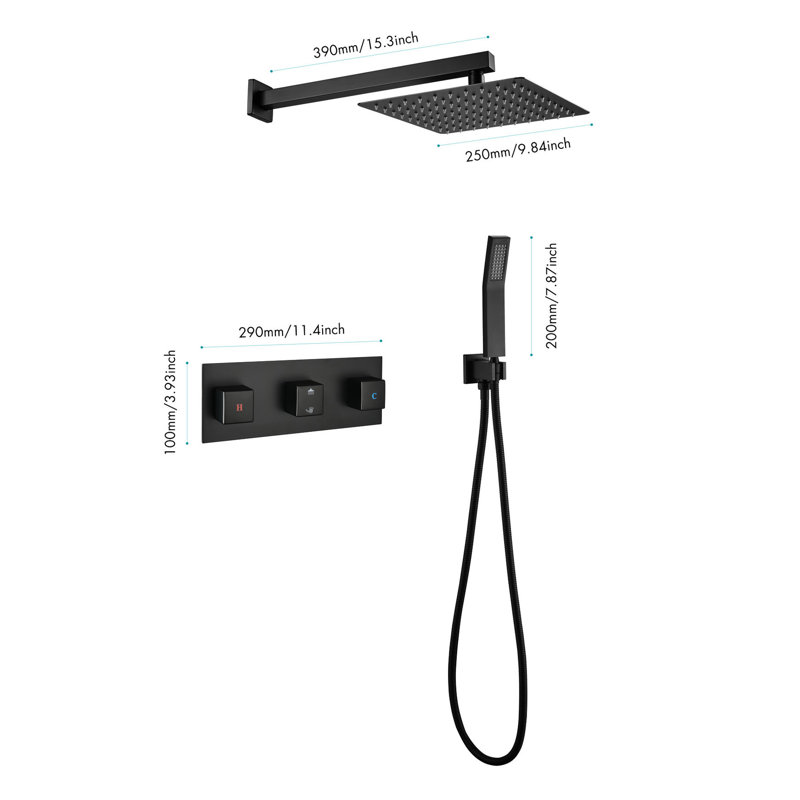 Composant de pomme de douche en laiton noir mat - 10 pouces de pluie avec douchette, mélangeur de pluie de luxe pour salle de bain, buse autonettoyante, fixation murale et mélangeur, fixation