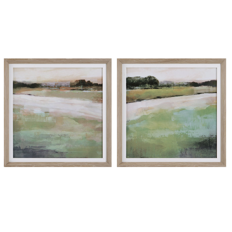 Vivid Vista 28" Green Landscape Prints with Pine Frame - Set of 2