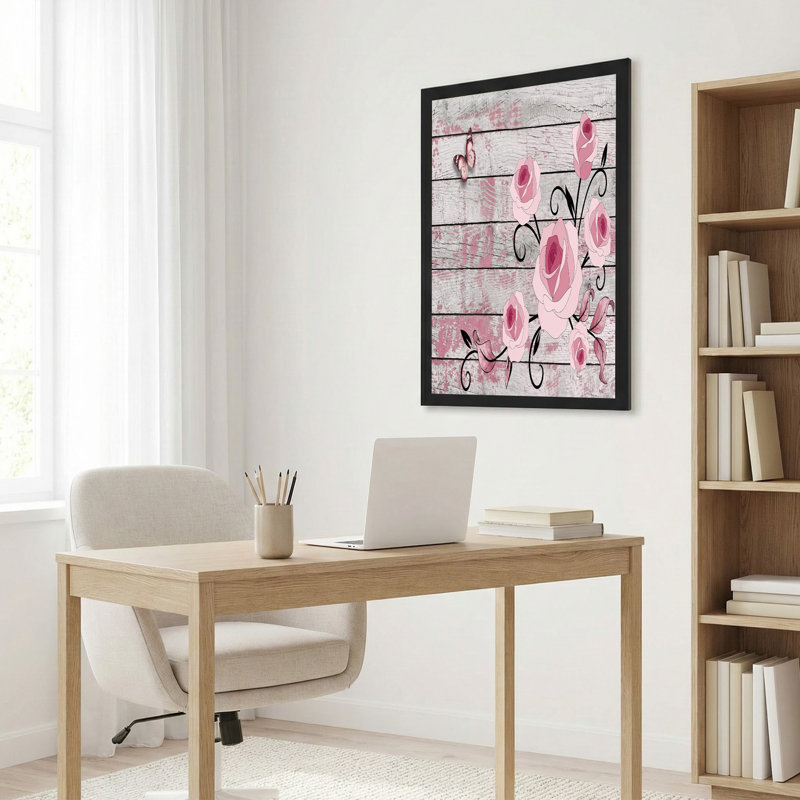 «Pink Roses and Butterfly» sur des planches de bois vieillies, art mural sur toile, 16"H x 24"W