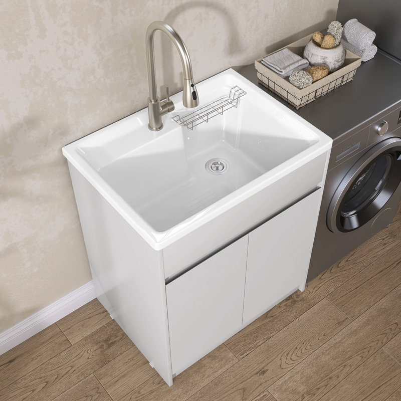 Getpro 30 in. Freestanding Solid Surface Laundry Utility Sink with Faucet and Cabinet