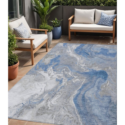 Tapis extérieur lavable abstrait bleu et ivoire 3 pi x 5 pi