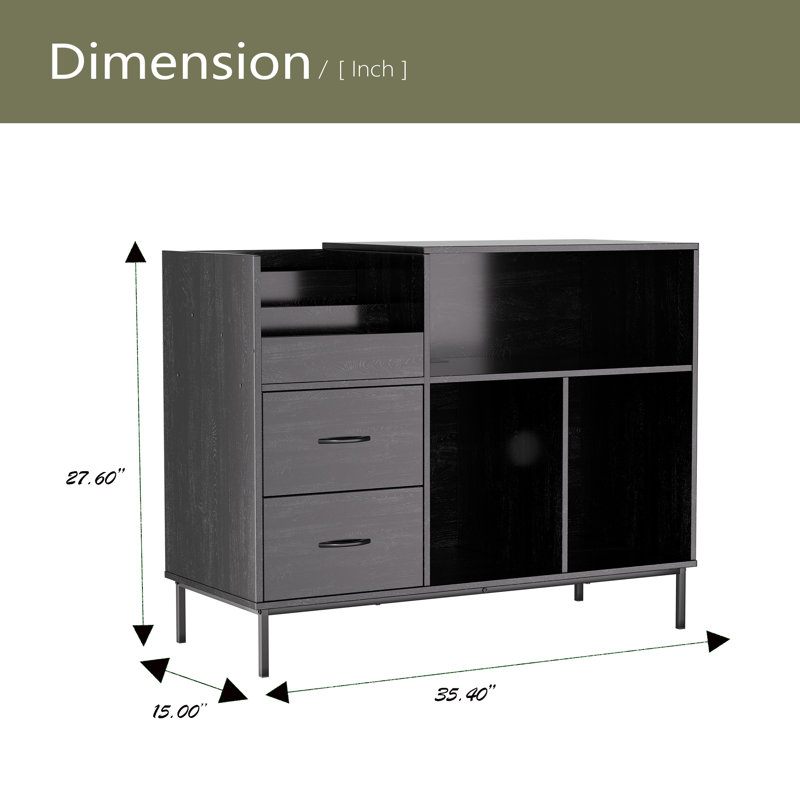 Support pour tourne-disque avec prise de courant et couvercle rabattable, table tournante avec rangement pour plus de 300 vinyles, console média grain de bois noir avec 2 tiroirs