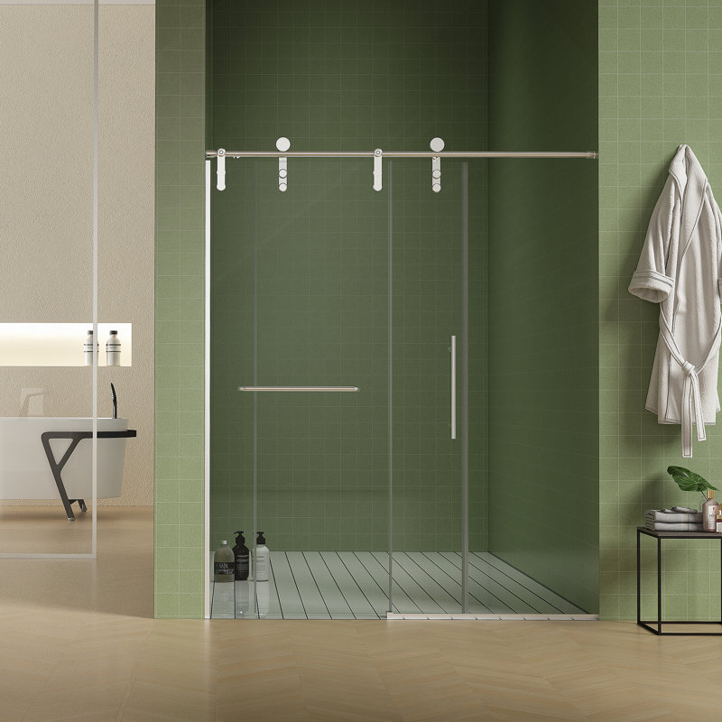 56"-60"W x 76"H Frameless Shower Door, Sliding Shower Door, Premium 5/16"(8mm) Thick Tempered Glass Shower Enclosure with Towel Bar ,Double Side Easy Clean Coat,Brushed Nickel Finished With Buffer