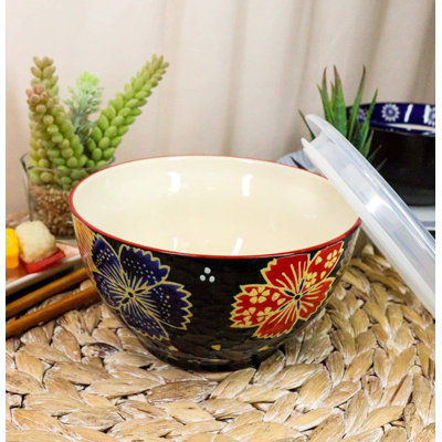 Ebros Pack Of 2 Ceramic Lunch Or Dinner Food Bowls With Airtight Storage Lid 6"Dia 3 Cups Size Take Out To Go Diet Meal Planning Refrigerator Microwave Dishwasher Safe (Midnight Floral Blossoms)