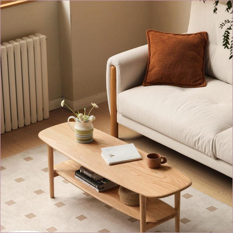 Table basse en chêne massif pour le salon, stable en forme de H renforcée et peu encombrante
