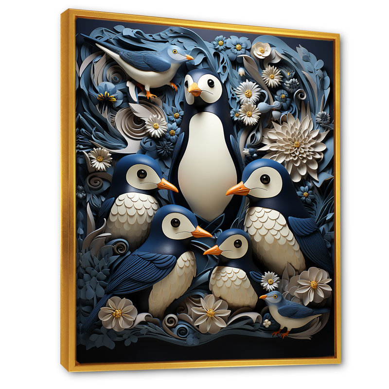 Reproduction sur toile d'un pingouin monochrome, H 40 po x l 30 po x P 1,5 po, Cadre flottant doré