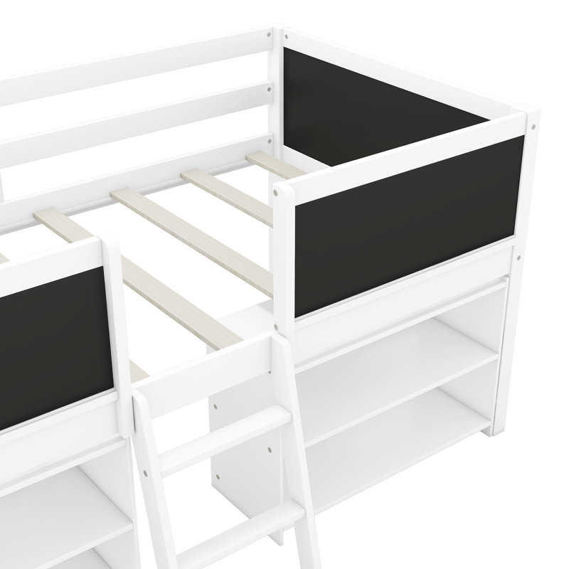 Lit mezzanine simple simple avec tableau noir, tablettes mobiles et tablettes pratiques pour la chambre à coucher, Blanc