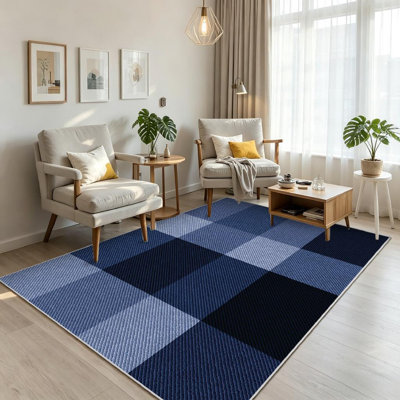 Blue Abstract Indigo Checked Fabric Plaid Navy Check Denim Jeans Backdrop Machine Washable Indoor Area Rug