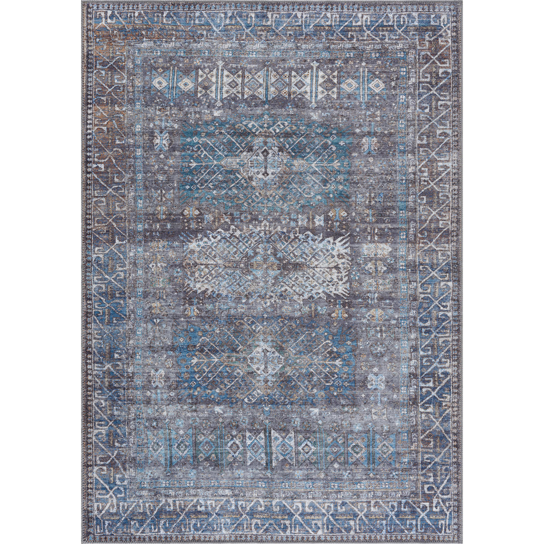 Washable Non-Slip Traditional Area Rug - Slate Gray / Blue Rug for Entryway, Hallway, Bathroom, and Kitchen - Fellers Bungalow Rose Rug 