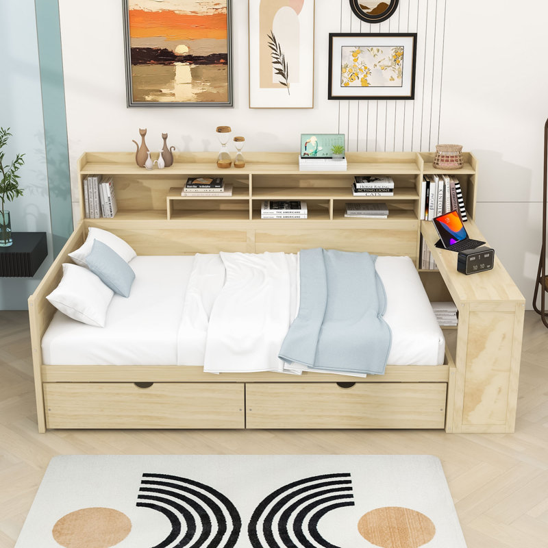 Dalainey Wood Daybed with Drawers, Desk and Shelves, Natural, Full
