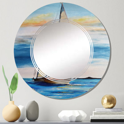 Deux bateaux à voile avec un pêcheur sur la mer bleue - miroir mural nautique et côtier rond