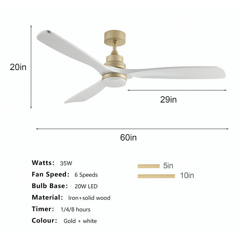 Ventilateur de plafond 59,8 pouces avec lumière, 3 pales en bois massif, télécommande, moteur à courant continu réversible à 6 vitesses pour le salon, la chambre à coucher et la salle à manger