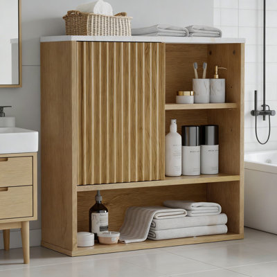 Wall Mounted Bathroom Cabinet With Fluted Door And Faux Marble Top, Over The Toilet Storage Organizer With Adjustable Shelves And Soft-Close Hinges