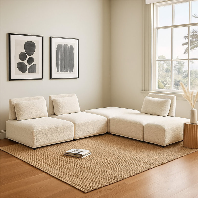 Ensemble de canapé modulaire en L Stavan, boucle blanche, dossier réglable, Boucle gris clair