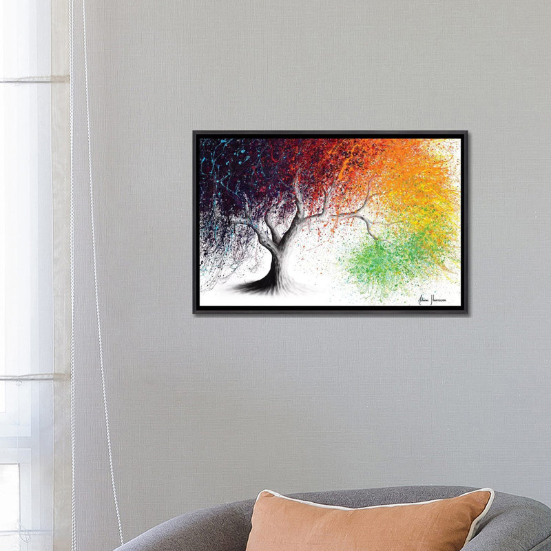 «Rainbow Season Tree» par Ashvin Harrison - impression, H 26 po x l 18 po x P 1,5 po, Toile avec cadre noir patiné, Aucun mat