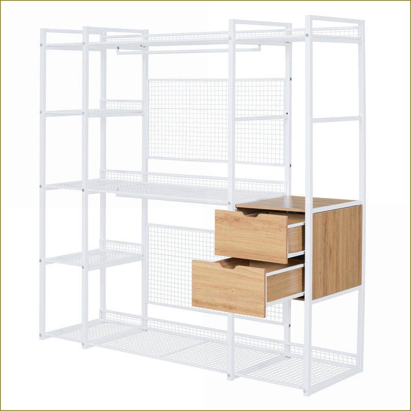 Commodes et amp; Armoires-penderie, garde-robe moderne en métal avec rails suspendus, tablettes et amp; Tiroirs | Blanc | Métal