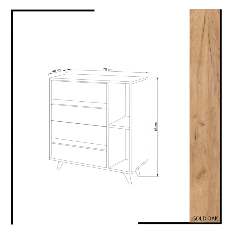 Commode décorative 4 tiroirs, Chêne / jaune