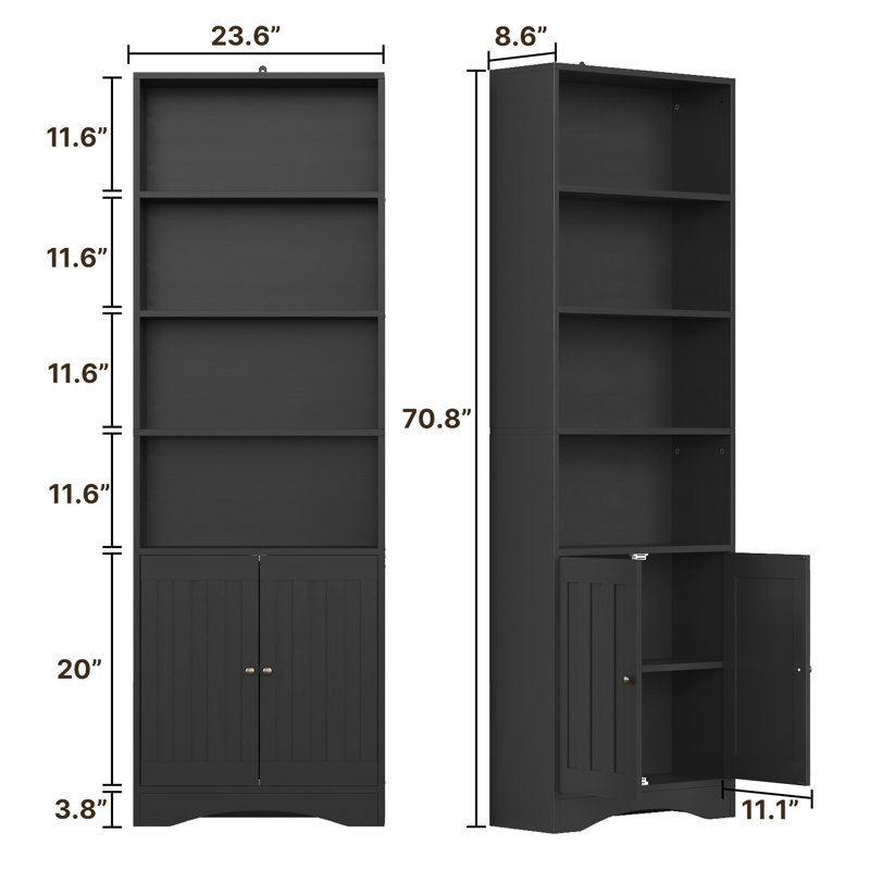 70.8" tall bookcase with adjustable shelves and cabinet doors - modern farmhouse storage cabinet for living room, home office