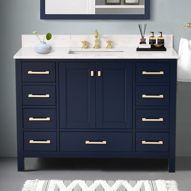 Meuble-lavabo simple 48 po avec plateau en pierre reconstituée Render, Bleu, Argent argent