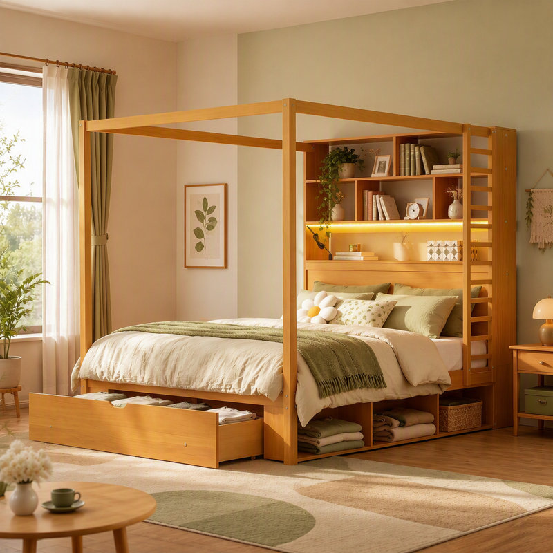 Lit à baldaquin en bois (taille standard) avec tête de lit bibliothèque, prises USB et éclairage DEL RVB intelligent, lit plateforme avec rangement sous le lit, tiroir au pied du lit et garde-robe réversible