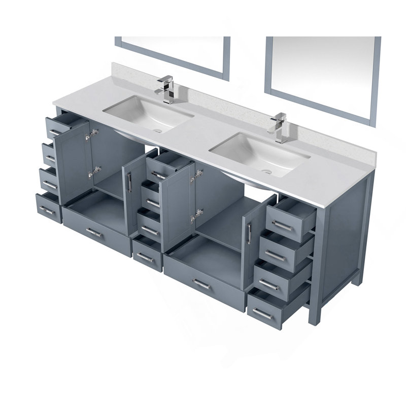 Meuble-lavabo double gris foncé 84 po X P 22 po D, plateau en marbre de culture, ensemble de robinet et Miroir