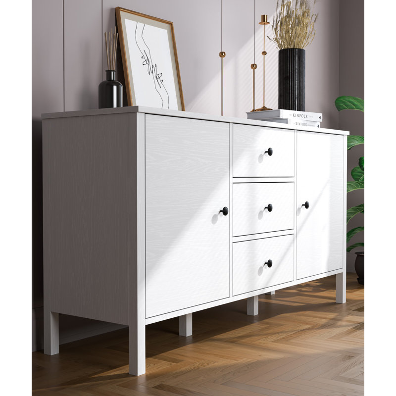 Modern Scandinavian Console Table, White & Wood, 59.1 x 32.3 x 17.3 inches | 100% Melamine Coated Particle Board, 0.7-inch Thickness | MDF Profile Legs, Metal Handles, Multiple Shelves, Wall-Mountable Design