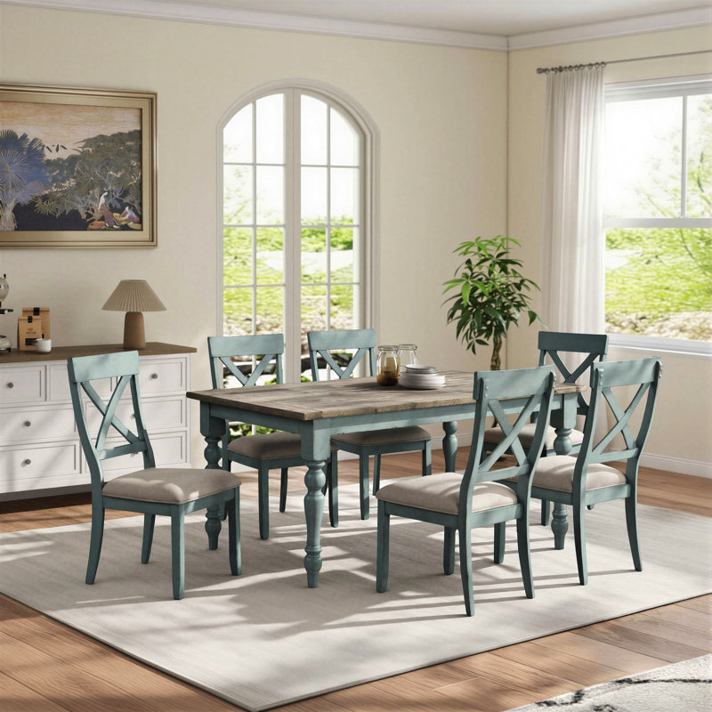 Cierra Four Leg Dining Set, Blue, 7 Pieces: 1 Table, 6 Chairs