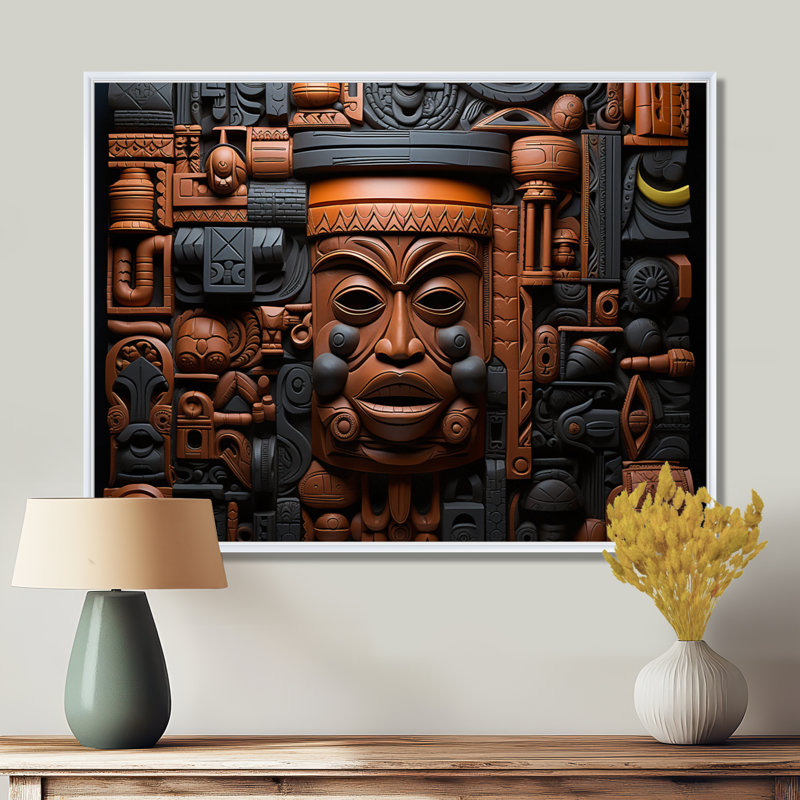 Masque africain brun et noir à motif de Kuba - Masque africain grand art mural, H 12 po x l 20 po x P 1 po