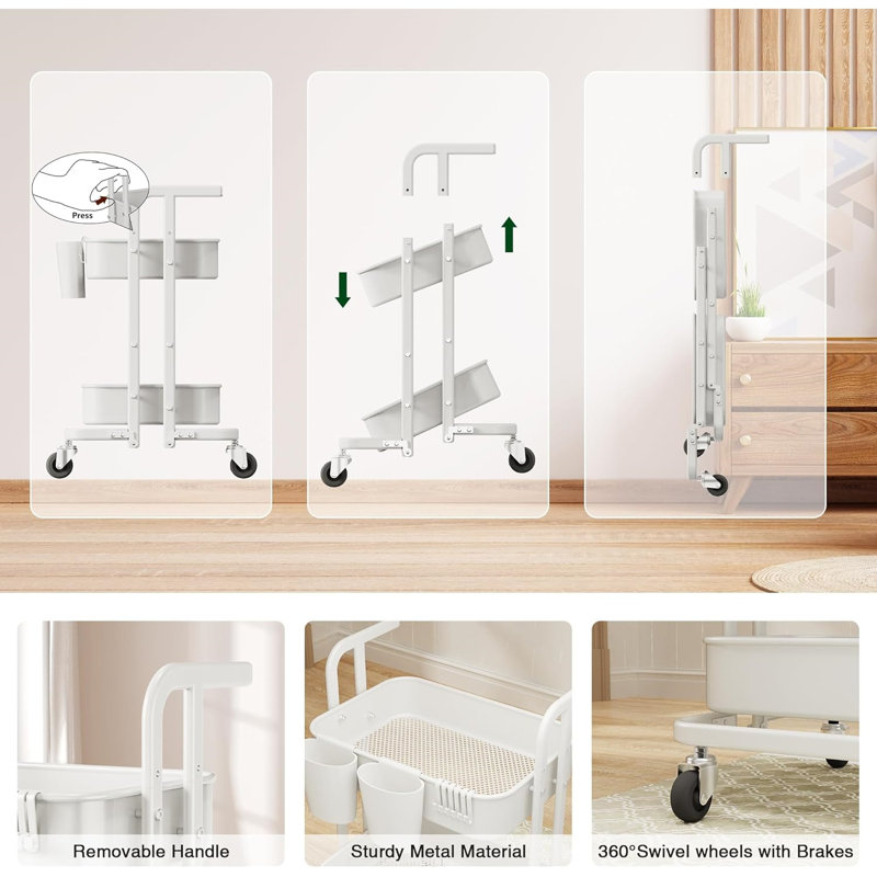2 Tier Foldable Rolling Cart, Metal Utility Cart with Lockable Wheels, Folding Storage Trolley, White