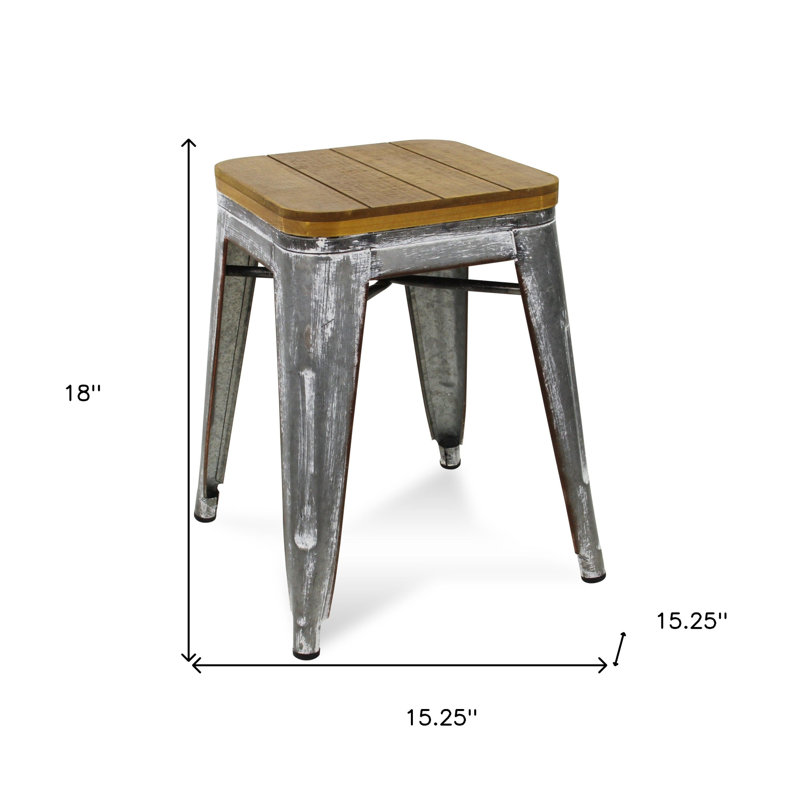 18" Galvanized Metal Backless Chair, Wood Brown/Gray