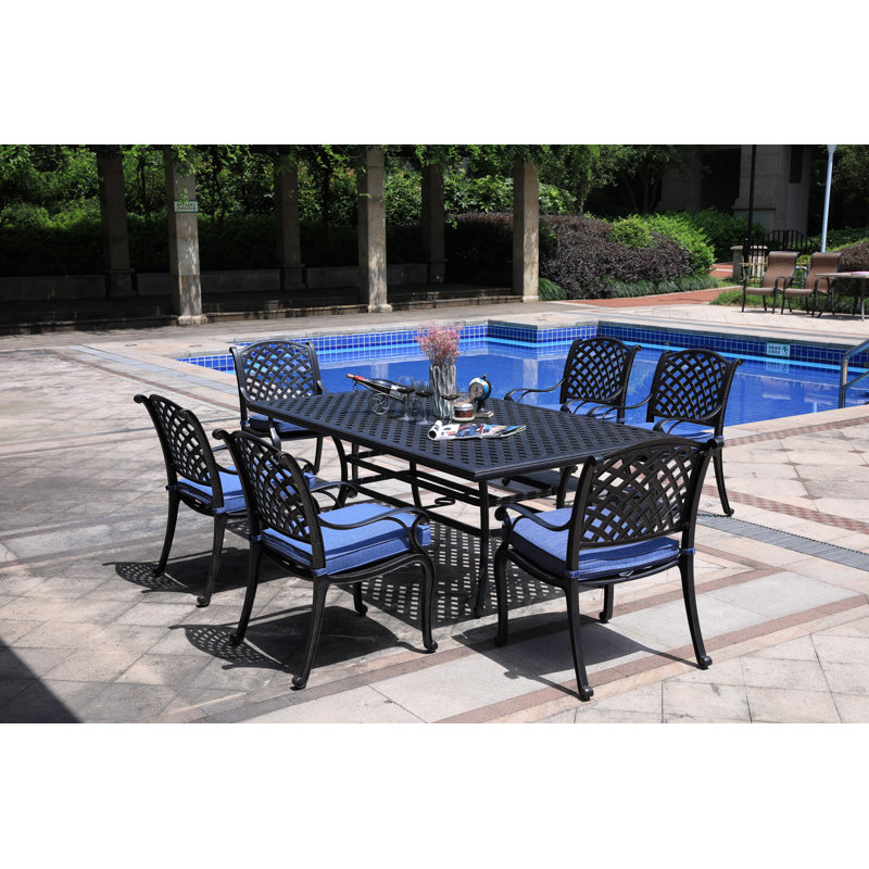 Ensemble repas d'extérieur en aluminium 7 pièces avec coussin, Bleu marine antique, H 36,04 po x l 134,09 po x L 95,93 po