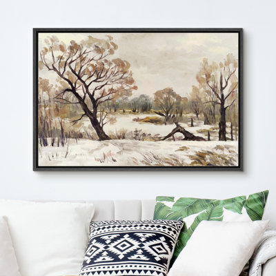 Snowy Winter Landscape Vintage Rustic Forest Farmhouse Country Decor Framed Canvas Print Wall Art