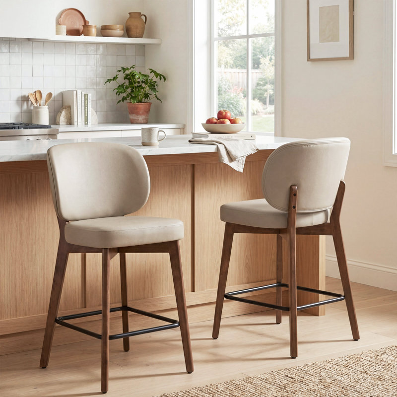 Mid-Century Modern Counter Stool, Fabric Upholstered Barstool with Wingback, Armless Counter Height Bar Stool With Wood Legs, Metal Footrest, For Kitchen Island Bar Counter, Khaki, Set of 2