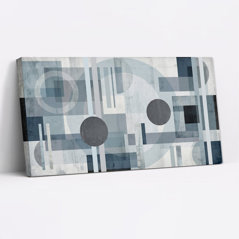 Tableau sur toile aux formes géométriques abstraites bleues et grises, 46“W x 24”H