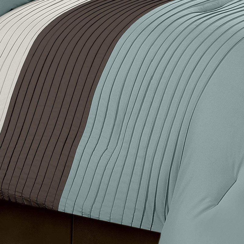 Loft 8-Piece Pleated Stripe Microfiber Comforter Set, California King Comforter + 2 King Shams, Blue