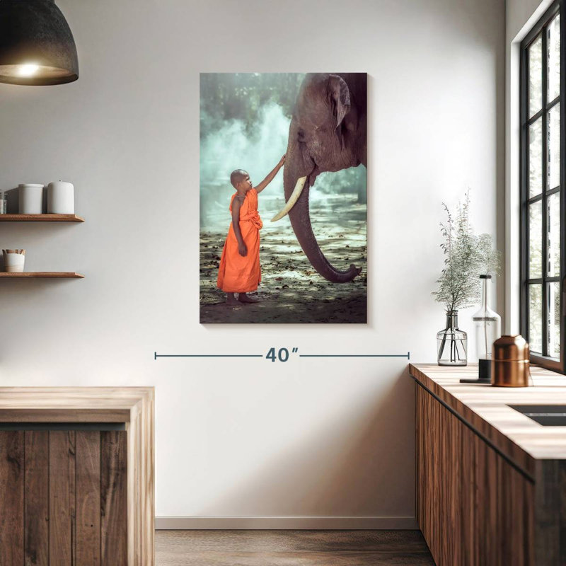 Brampt Young Monk And Elephant, 39" H x 26" W