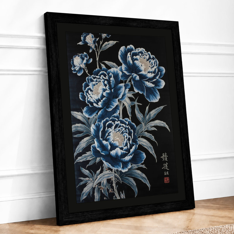 Blue Peonies Japandi - Framed Print, A1 - 84.1 x 59.4 cm, Black