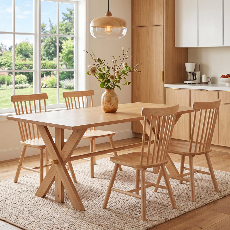 Table de salle à manger rectangulaire avec tréteaux doubles, Naturel
