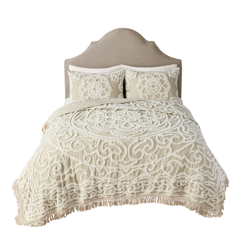 Frange en coton chenille médaillon pour chambre à coucher élégante, Queen Coverlet + 2 Standard Shams, Blanc cassé