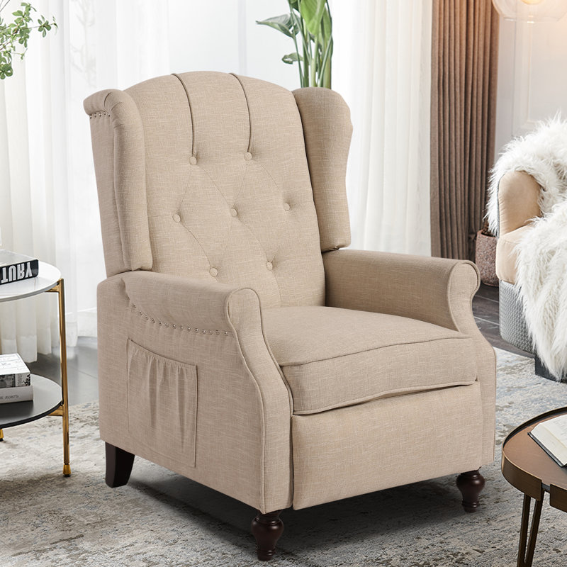 Joziah Wingback Pushback Recliner w/ Storage Pocket for Living Room, Cream Polyester Blend