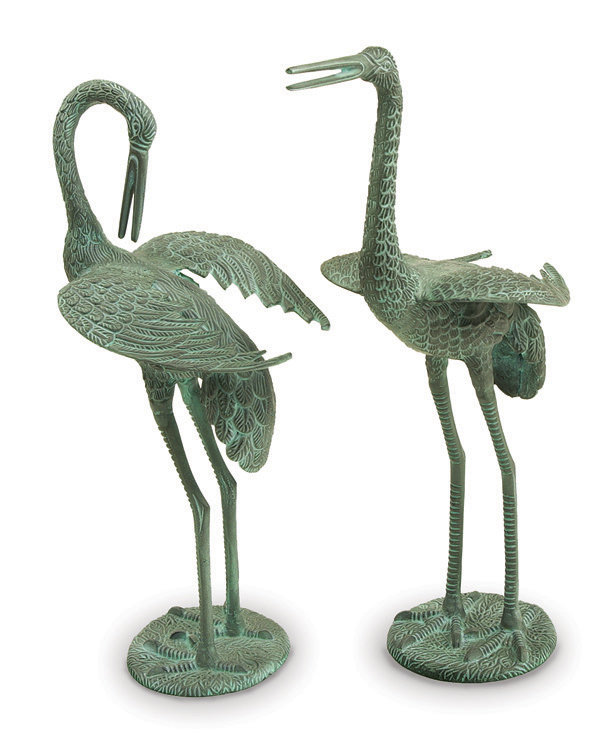 Antique Verdi Aluminum Preening Crane Pair Garden Statues