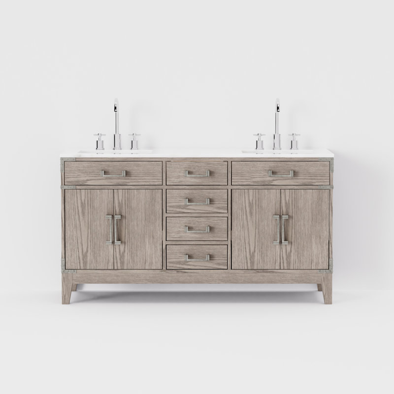 Laurel 60 in W x 22 in D Double Bath Vanity Top & Faucet Set, White Carrara Marble, Gray Oak