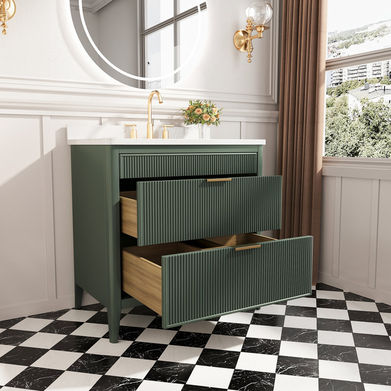 Meuble-lavabo autoportant avec lavabo et plateau en marbre Dana, Vert, 35.84