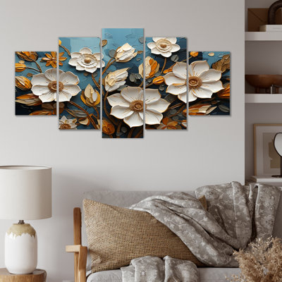 Blanc et doré, charmante fleur printanière élégance IV - fleurs, art mural multipanel