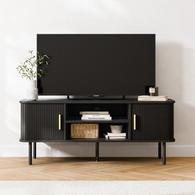 Mid-Century Modern Media Console, Tambour TV Stand with Storage Cabinet and Shelf for 60" TVs, Black