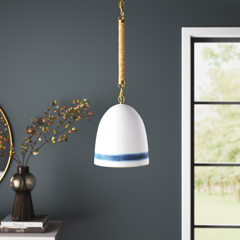 Karissa 1-Light Dimmable Sloped Ceiling Adaptable Pendant , Heirloom Brass, White/Navy Stripe