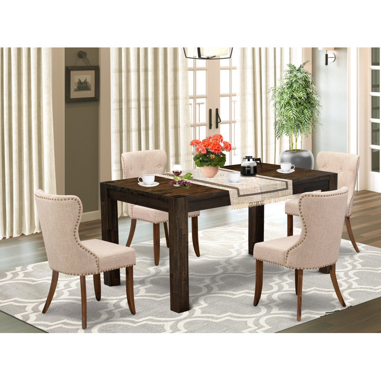 Geib Rubberwood Dining Table Set - Parsons Chairs with Linen Fabric Seat - Rectangular Kitchen Table