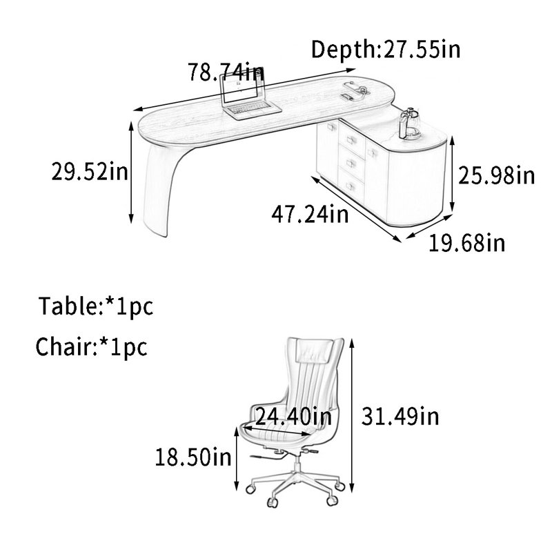 Bureau à finition noyer avec armoire latérale 3 tiroirs, H 29,52 po x l 78,74 po x P 27,55 po
