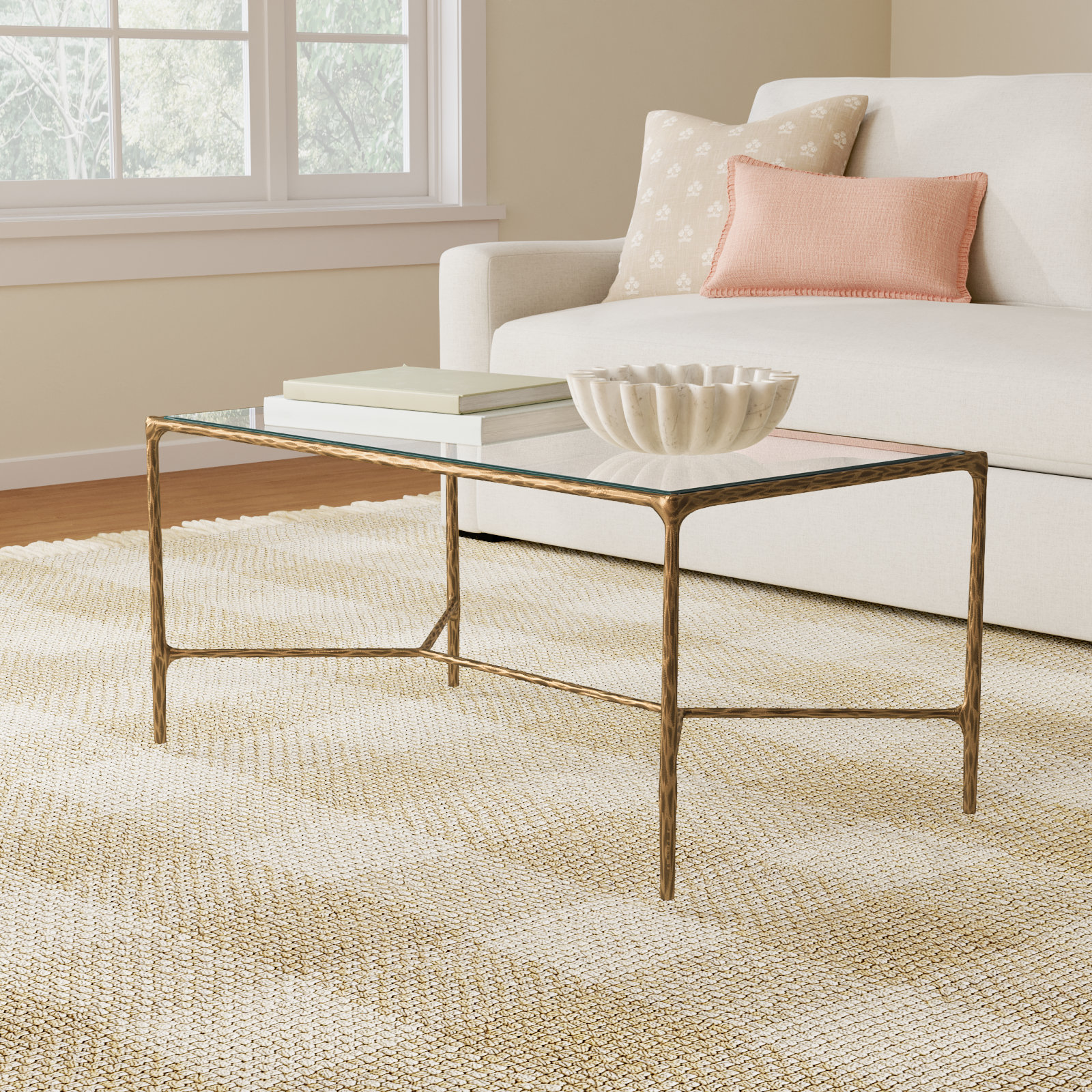 Evelynn 4 Legs Coffee Table, Brass, Clear