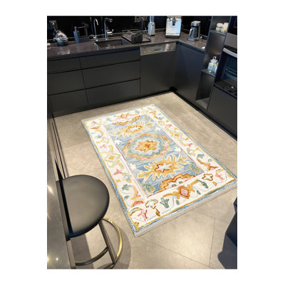 Tapis lavable décoratif floral bleu à motif floral traditionnel